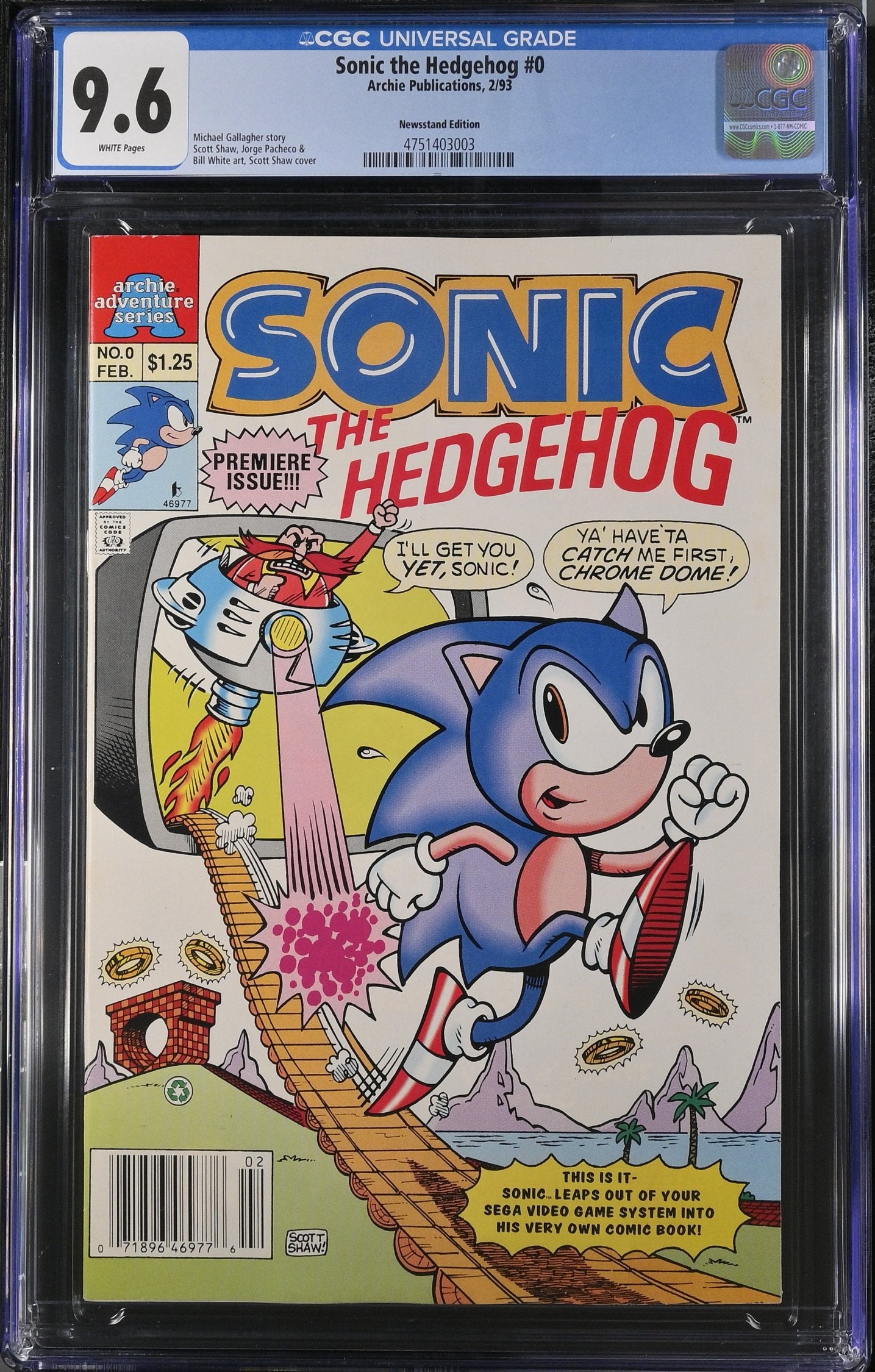 SONIC THE HEDGEHOG #0 1993 NEWSSTAND CGC 9.6 NM+