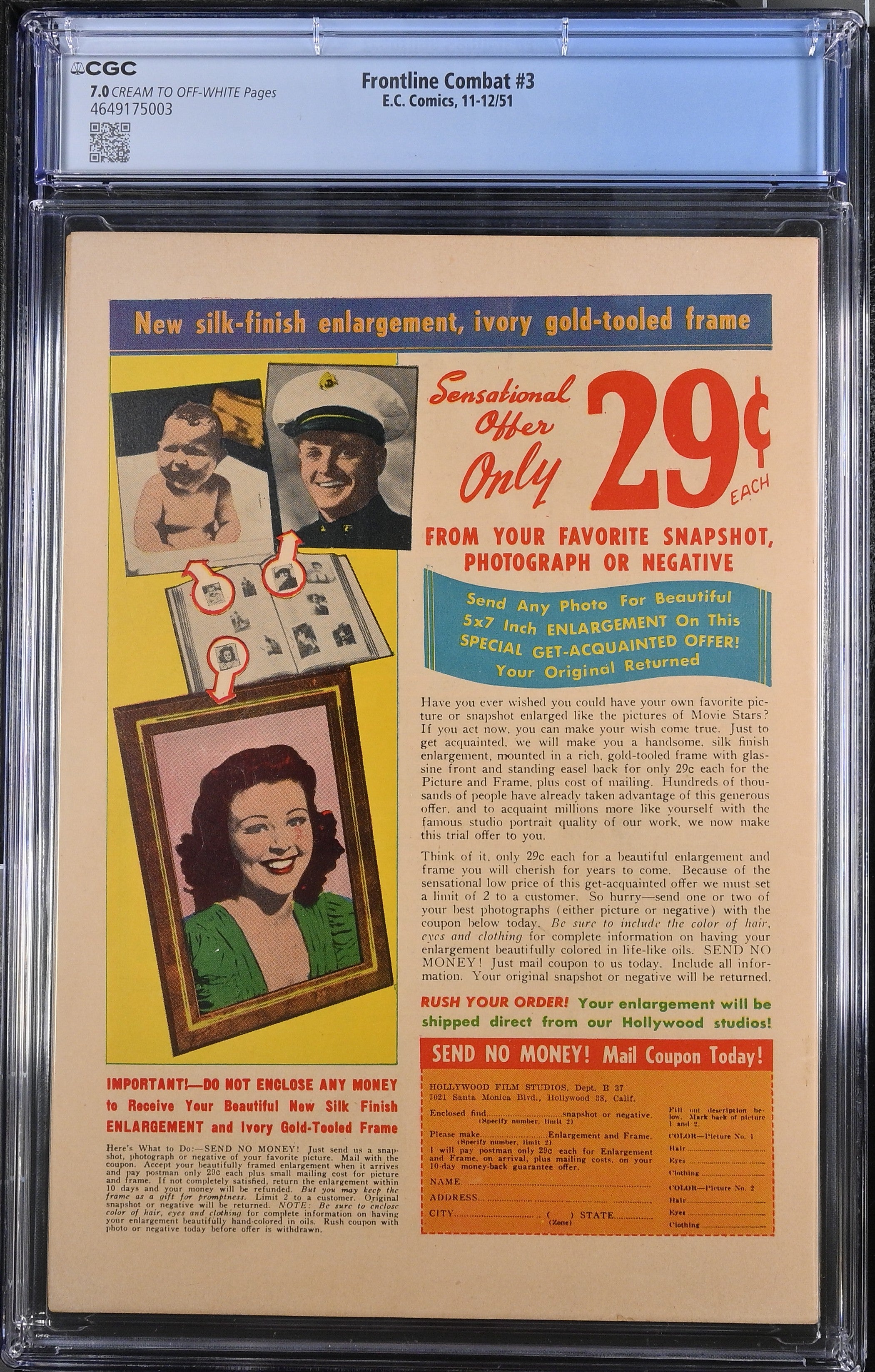 FRONTLINE COMBAT #3 CGC 7.0 FN/VF EC COMICS 1951