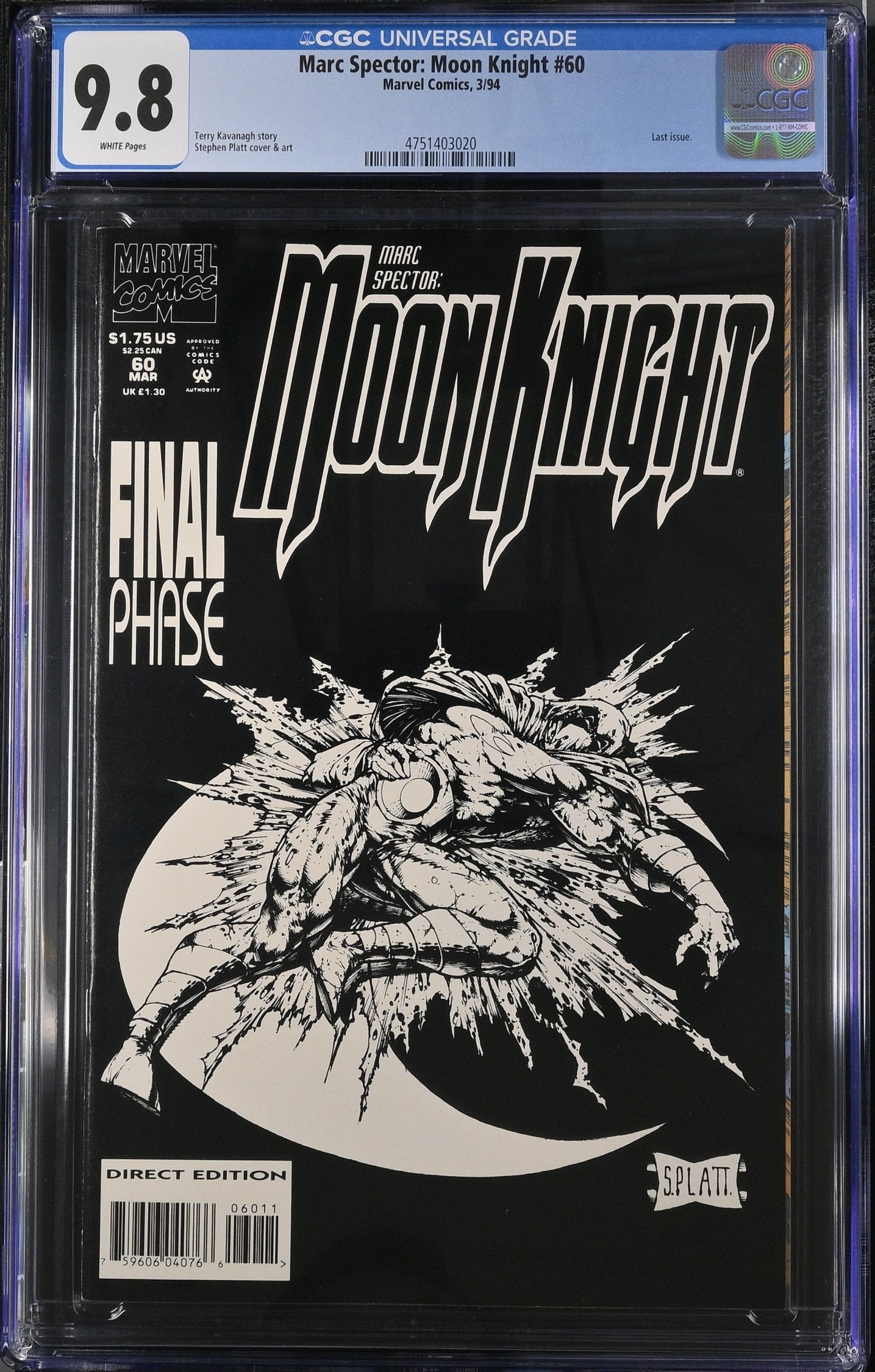 MARC SPECTOR, MOON KNIGHT #60 CGC 9.8 NM/M FINAL ISSUE, PLATT ARTWORK