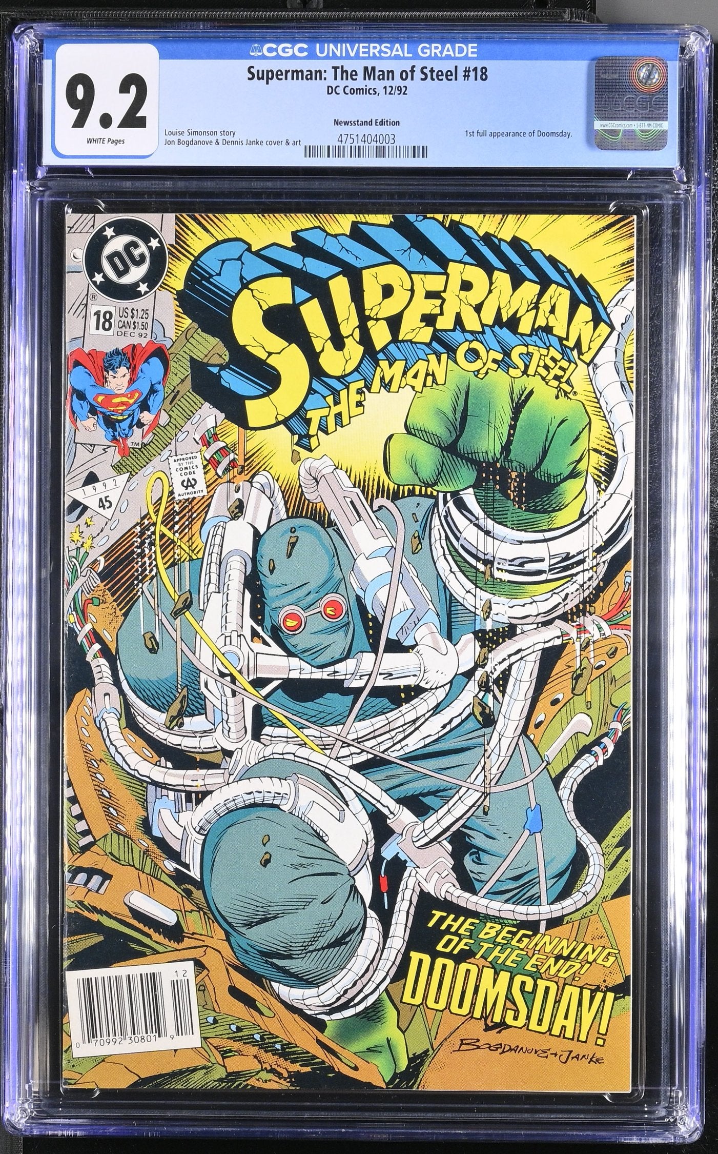 SUPERMAN MAN OF STEEL #18 CGC 9.2 NM- NEWSSTAND 1ST DOOMSDAY