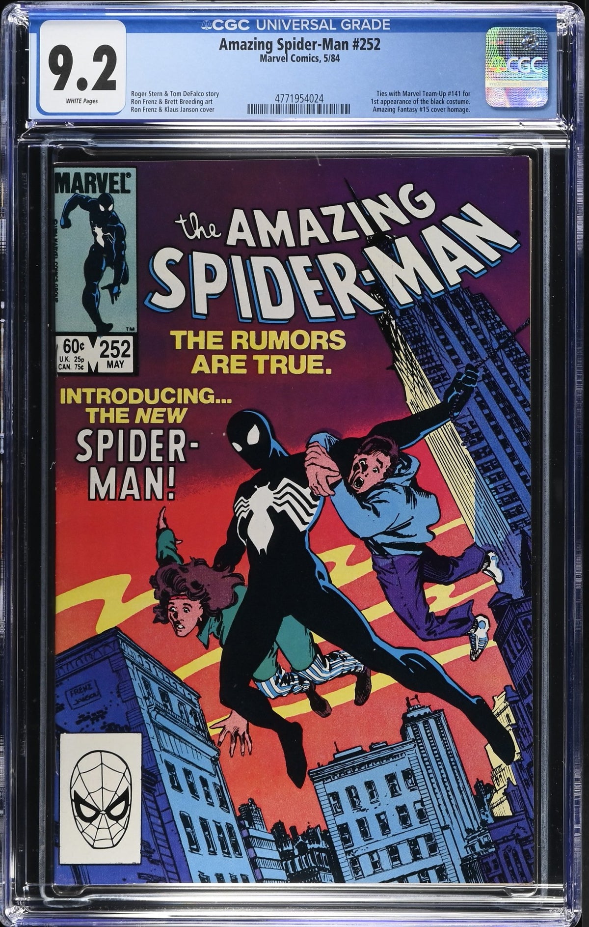 AMAZING SPIDER-MAN #252 CGC 9.2 NM- 1ST BLACK COSTUME