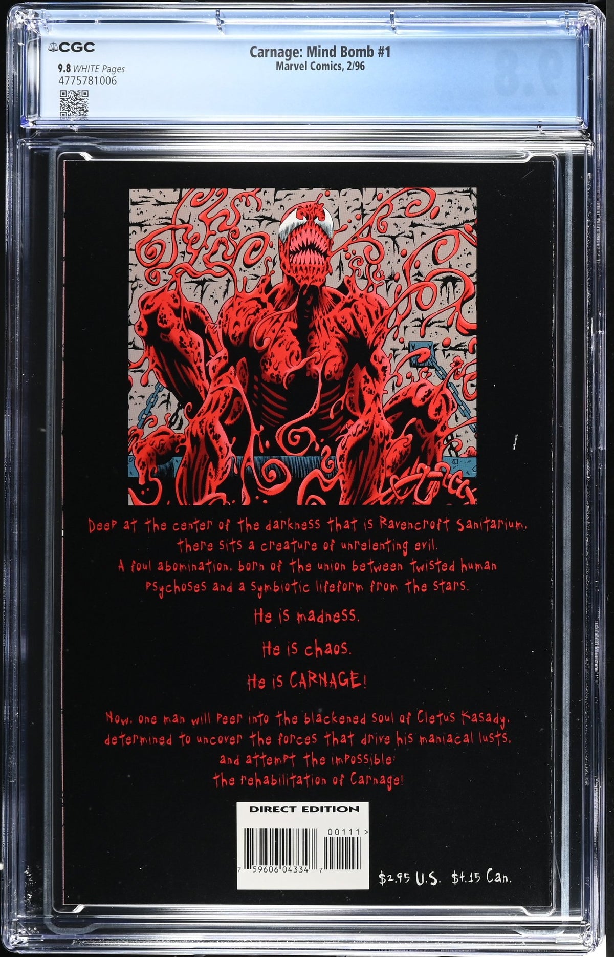 CARNAGE MIND BOMB #1 1996 CGC 9.8 NM/M WHITE PAGES