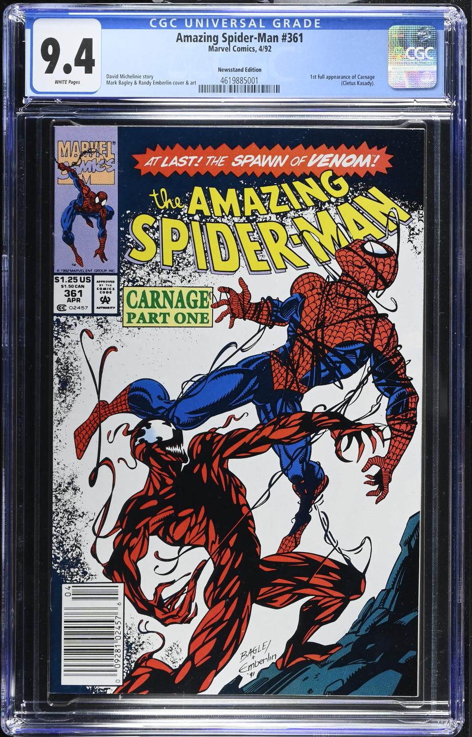 AMAZING SPIDER-MAN #361 CGC 9.4 NM 1ST CARNAGE NEWSSTAND EDITION