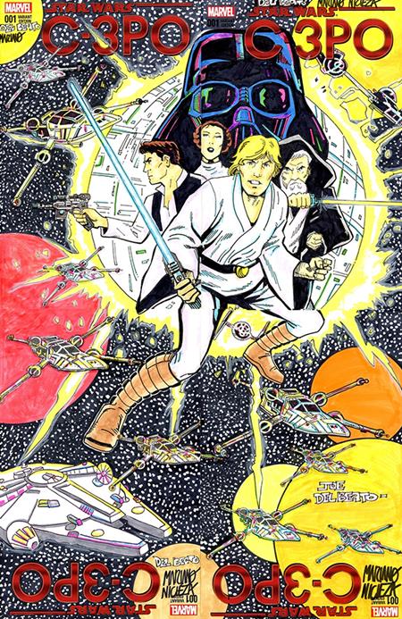 DF MARVEL COMICS COMMISSIONED COVER ART FOUR PIECE BLANK VAR CONNECTING SET SIGNED AND REMARKED BY MARIANO NICIEZA AND JOE DELBEATO WITH A CLASSIC STAR WARS #1 HOMAGE SKETCH CVR A
