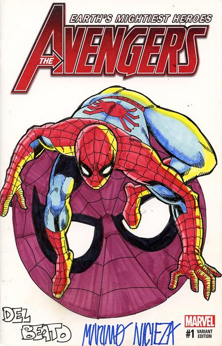 DF MARVEL COMICS COMMISSIONED COVER ART SIGNED AND REMARKED BY MARIANO NICIEZA AND JOE DELBEATO WITH A SPIDER-MAN SKETCH CVR A