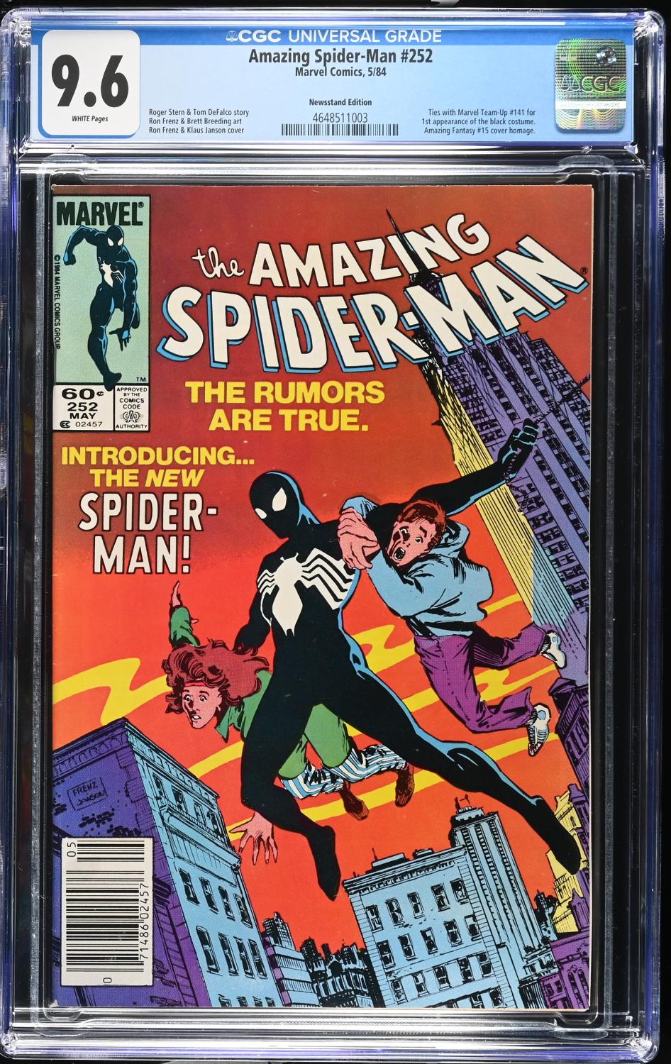 AMAZING SPIDER-MAN #252 CGC 9.6 NM+ 1ST BLACK COSTUME NEWSSTAND EDITION